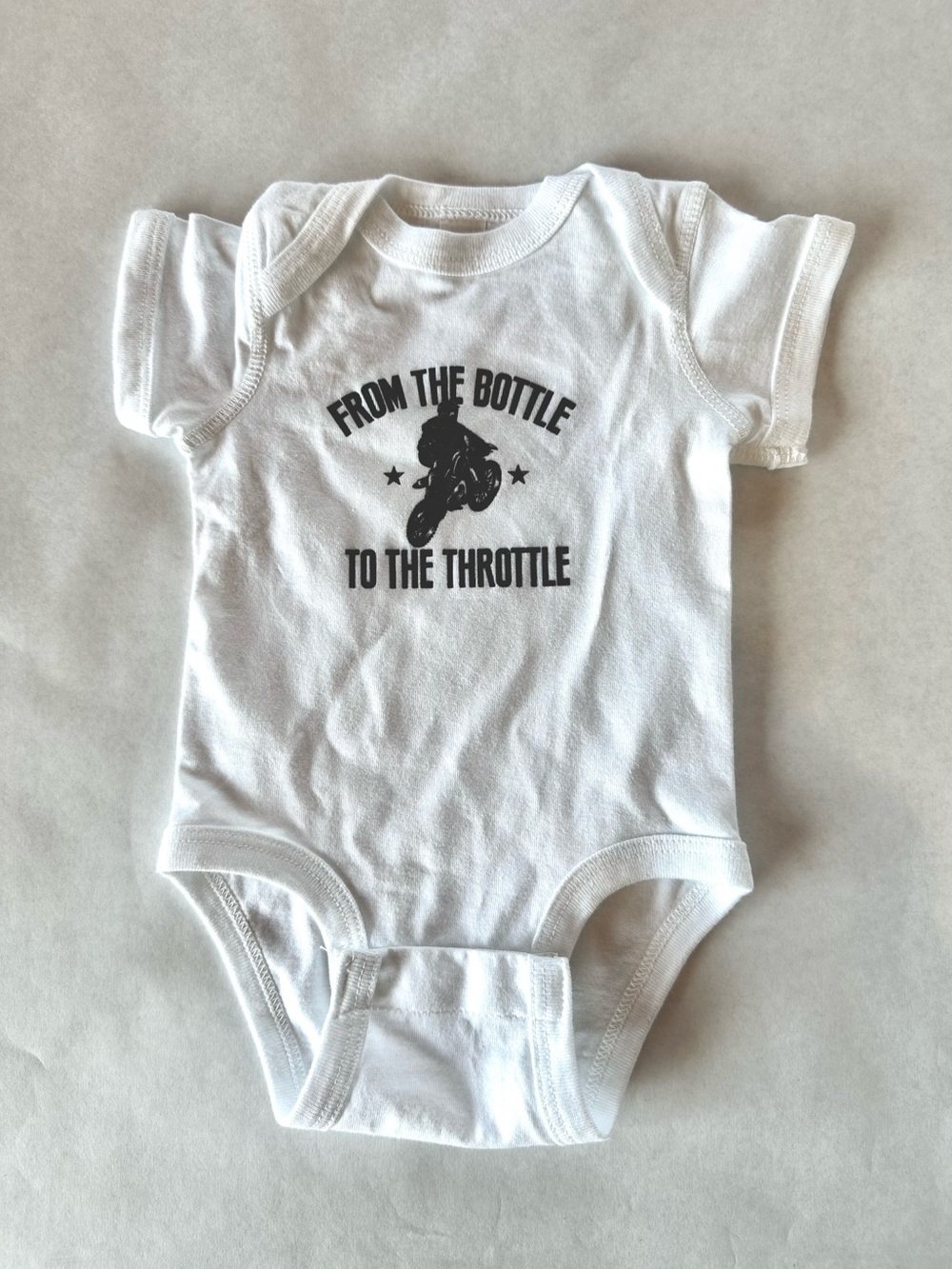 NWOT Rabbit Skins White Baby One-Piece with Black Motorcycle Graphic